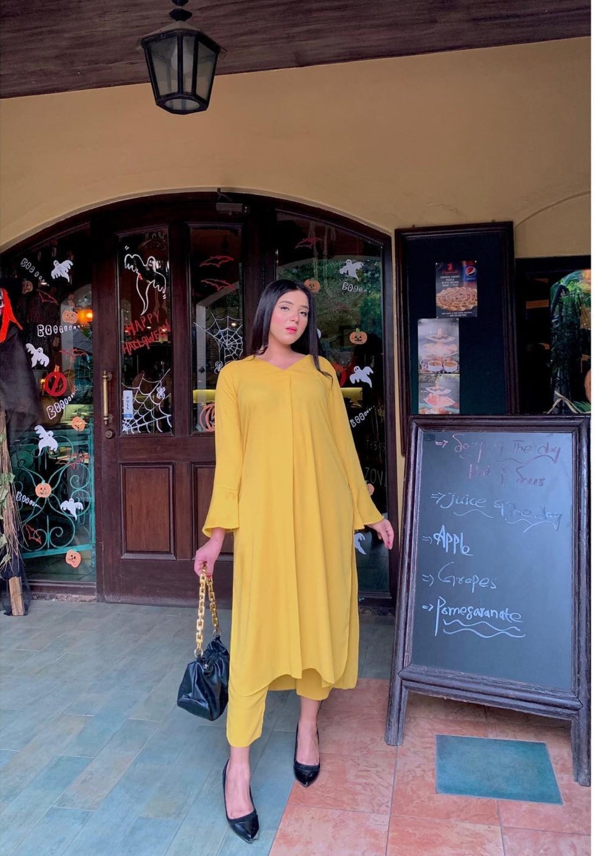 Manahils Stitched Co Ords Tunic V Neck Pleated Yellow Two Pc