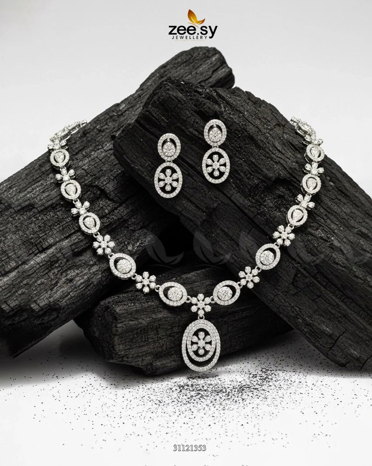 Dainty Oval Floral Necklace Set Silver - Zeesy Jewellery