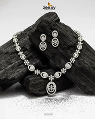 Dainty Oval Floral Necklace Set Silver - Zeesy Jewellery