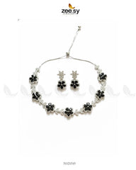 Floral Cubic Stone Necklace Set Silver Black - Zeesy Jewellery