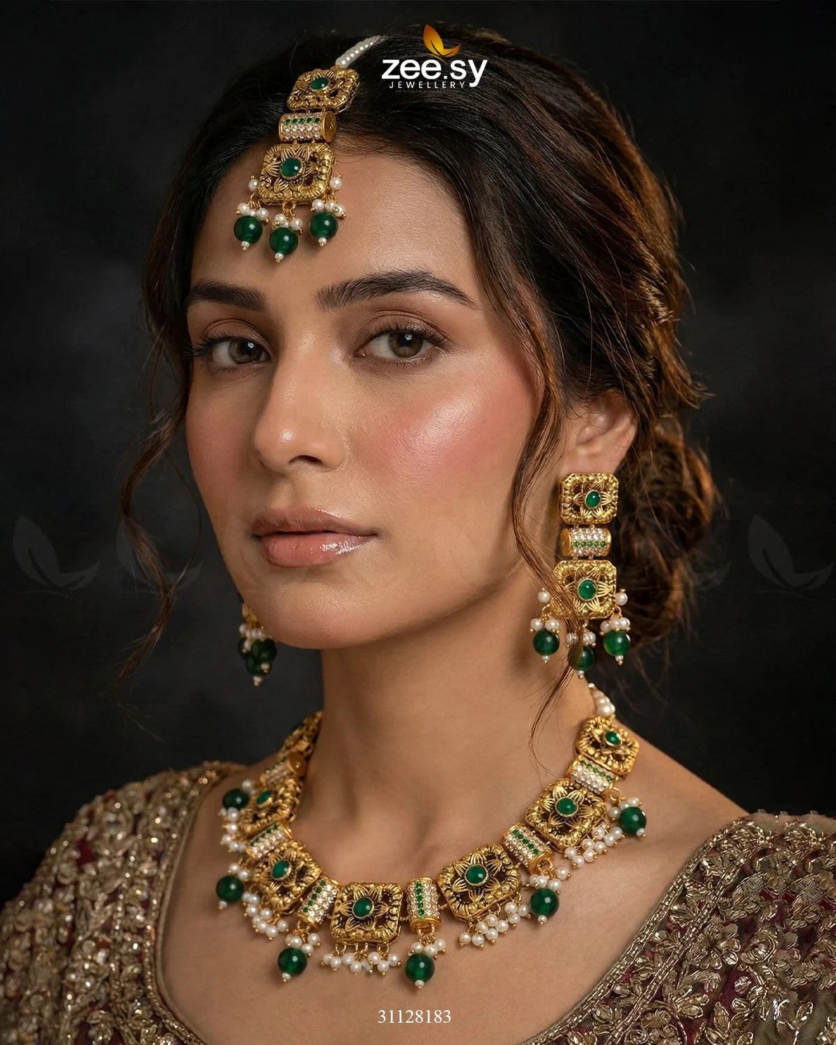 Square Floral Pearl Necklace Set Golden Green - Zeesy Jewellery