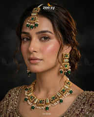 Square Floral Pearl Necklace Set Golden Green - Zeesy Jewellery
