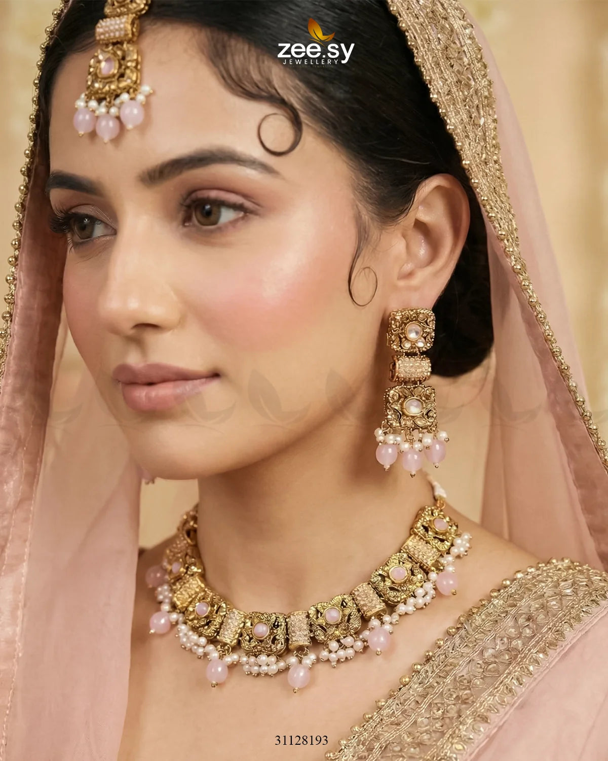 Square Floral Pearl Necklace Set Golden Mint Pink - Zeesy Jewellery