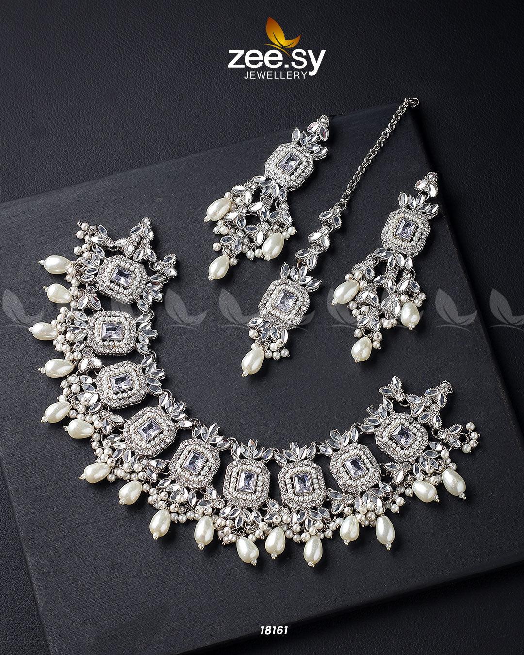 Stephanotis Necklace Set Silver Pearl - Zeesy Jewellery