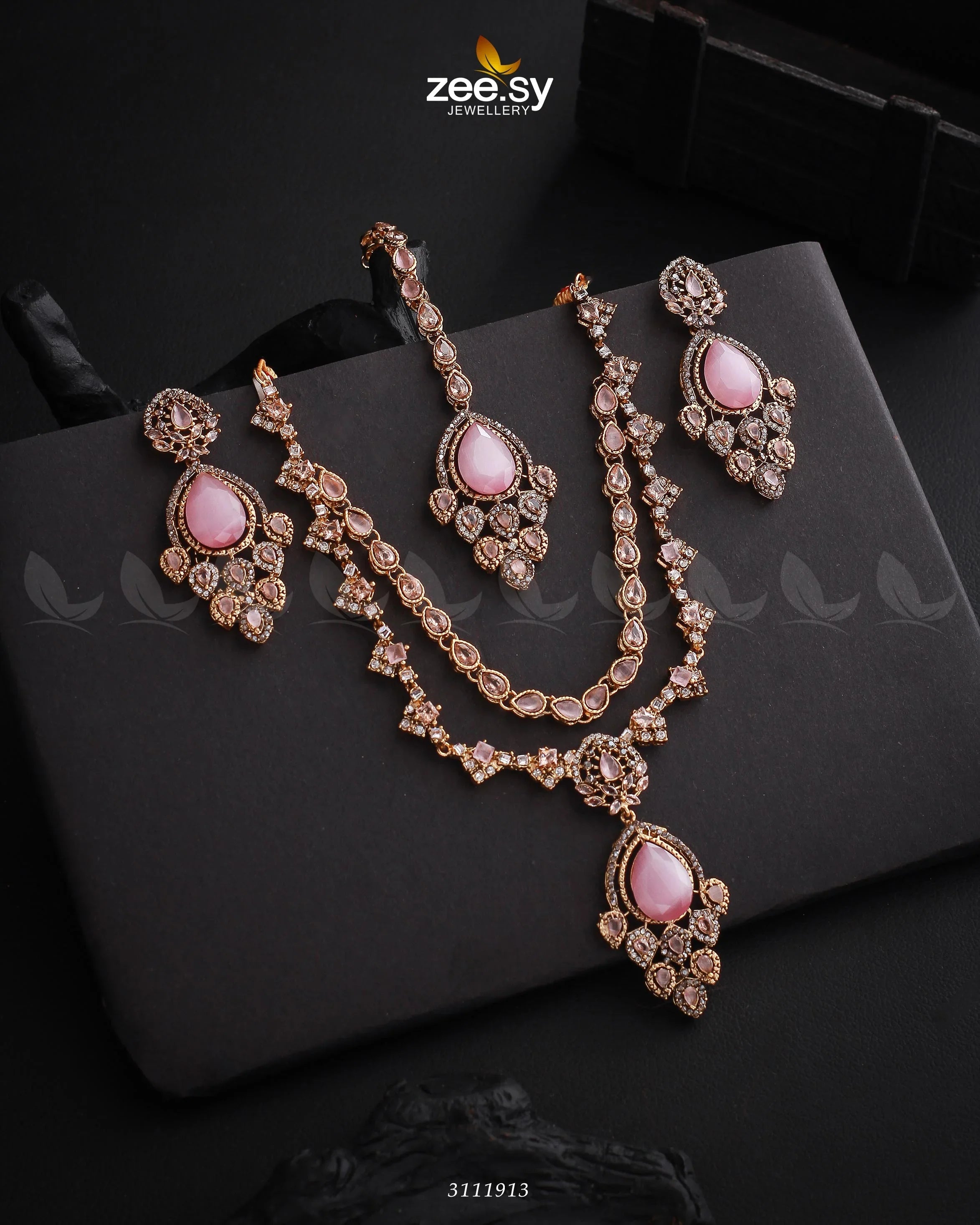 Sushmita Necklace Set Golden Mint Pink - Zeesy Jewellery
