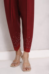 Iris by Sada Bahar Stitched Mirror Work Cotton Silk Trouser Suit-TME-01-Maroon