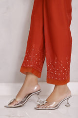 Iris by Sada Bahar Stitched Mirror Work Cotton Silk Trouser Suit-TME-01-Rust