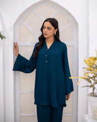 Zauk Stitched Co Ords Solids Set Suit-Teal Blue