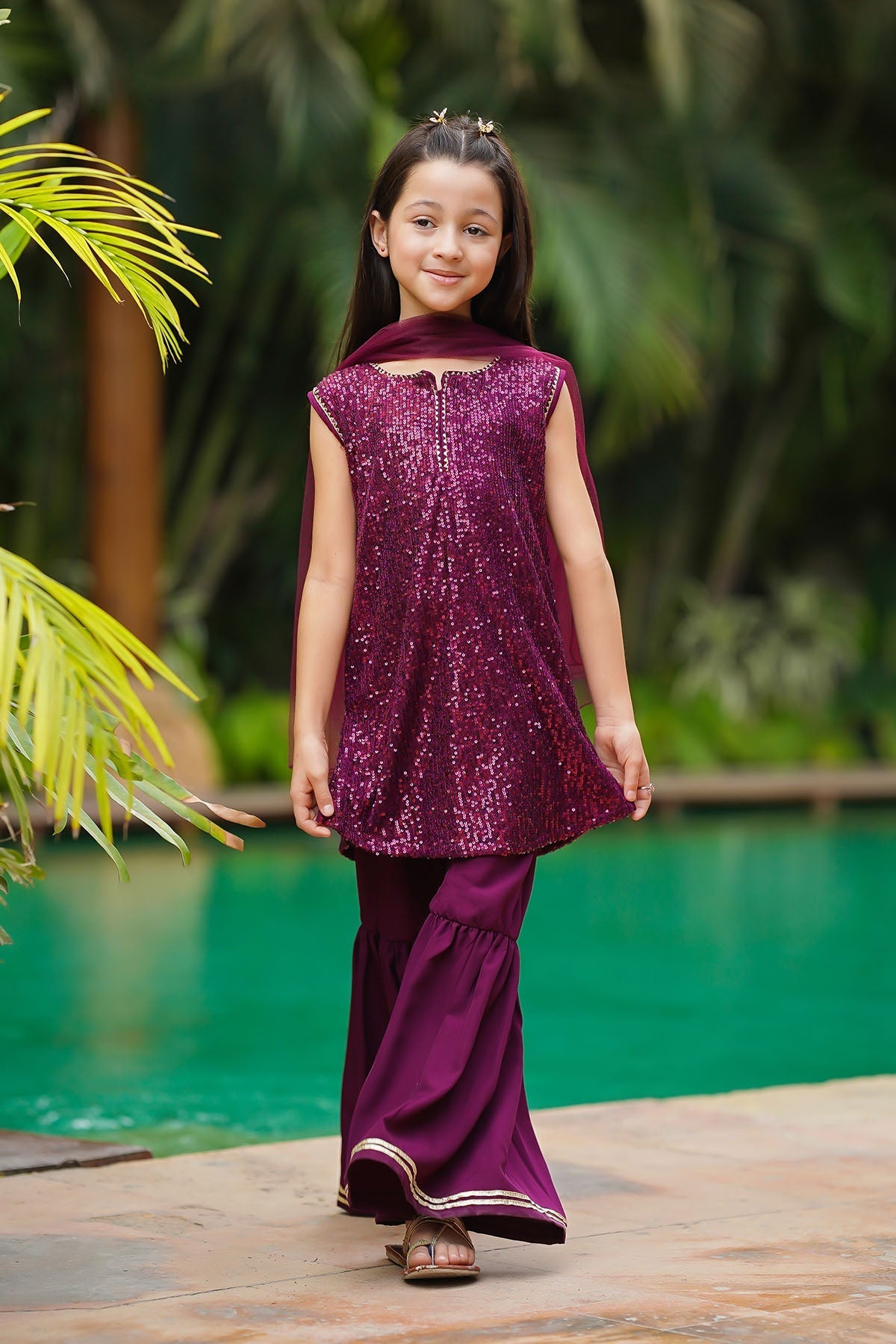 Shop the Sequence Net 3 Pc Suit for toddlers, featuring elegant Eastern wear designs. Perfect for special occasions