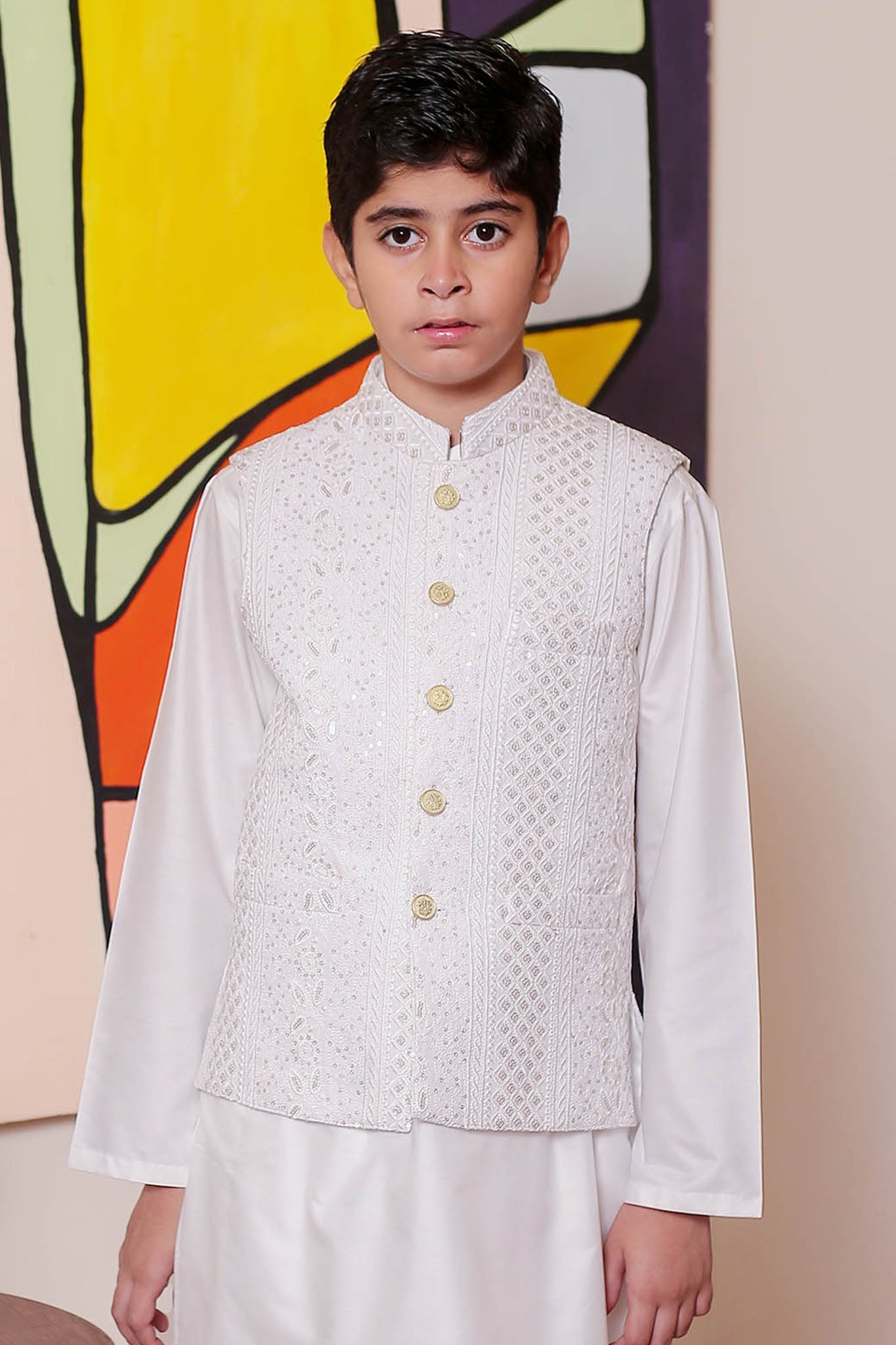 Real Image Kids Waist Coat Collection'2025-OKW-121 Smart Fit OffWht