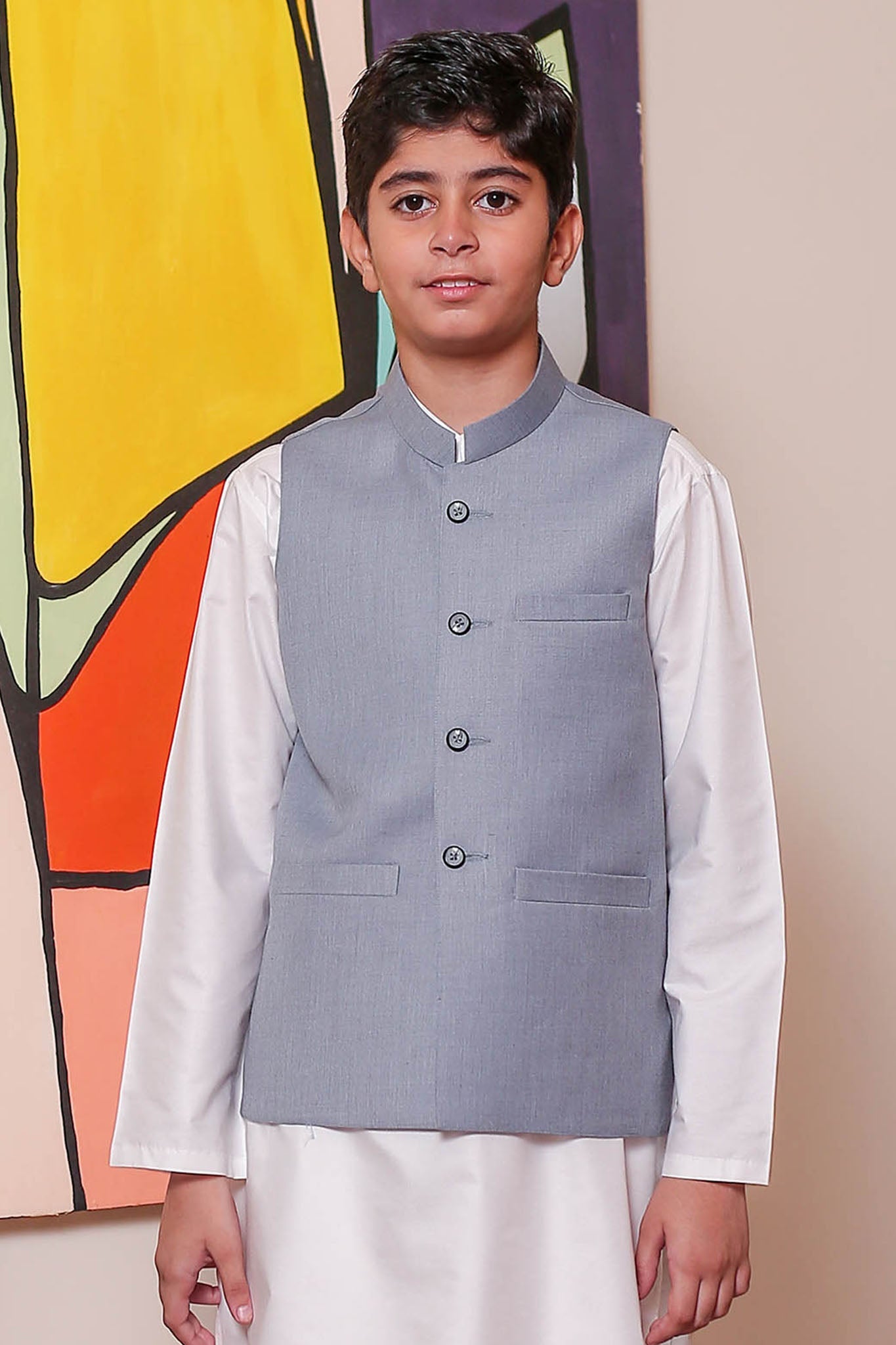 Real Image Kids Waist Coat Collection'2025-OKW-039 Smart Fit Ash Grey
