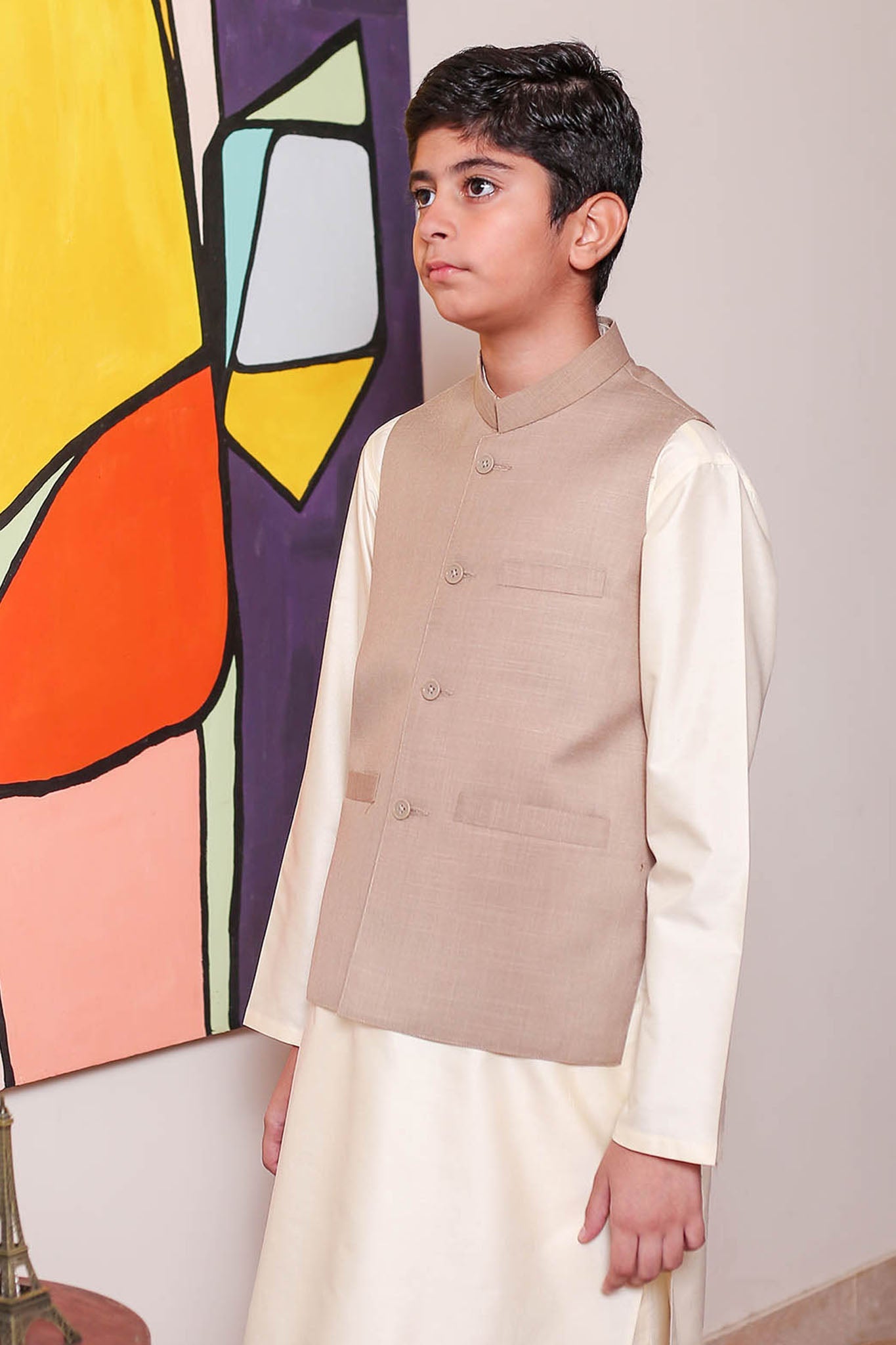 Real Image Kids Waist Coat Collection'2025-OKW-036 Smart Fit Beige