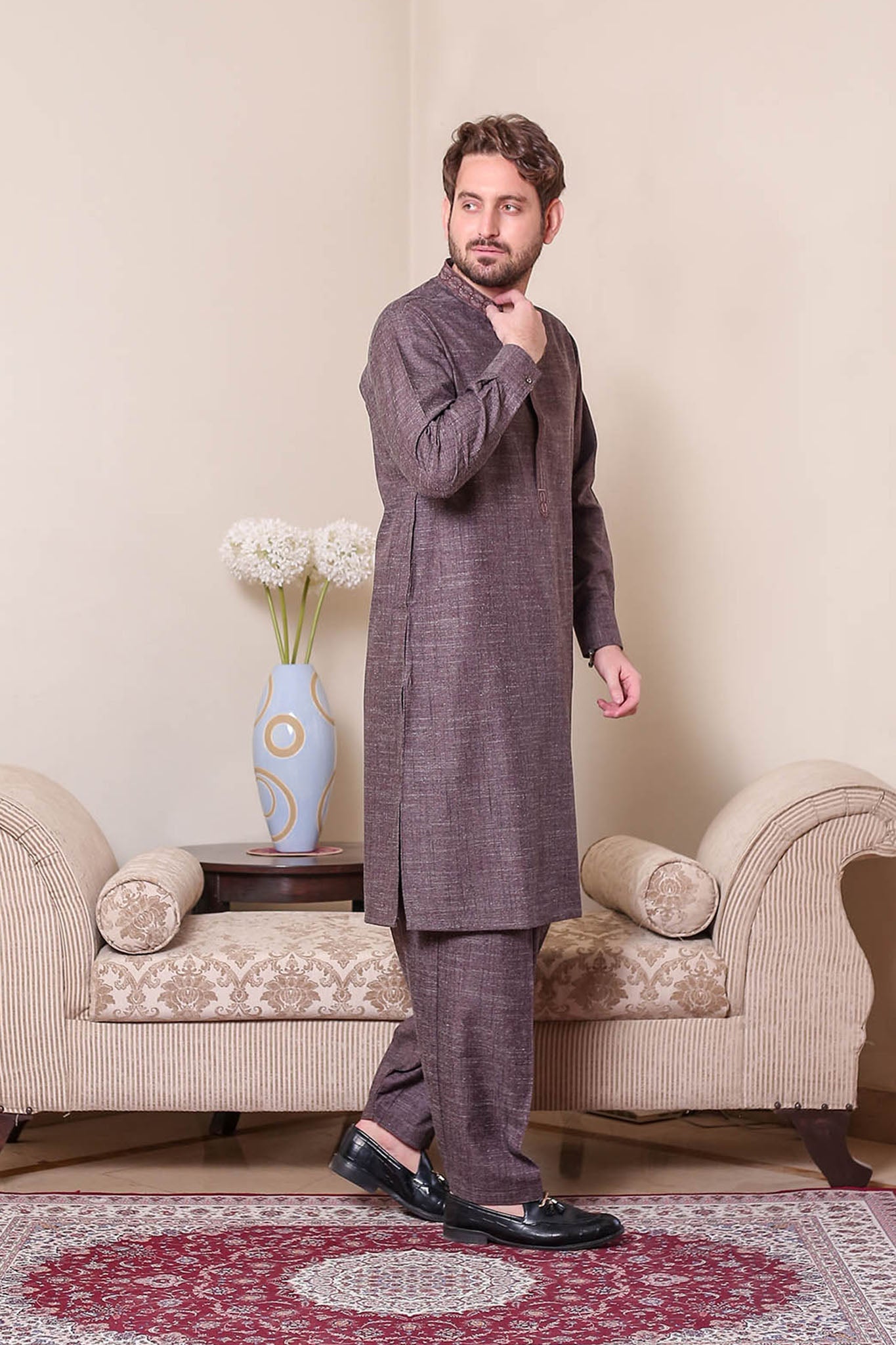 Real Image Mens Kurta Shalwar Winter Collection'2025-D-514 Brown