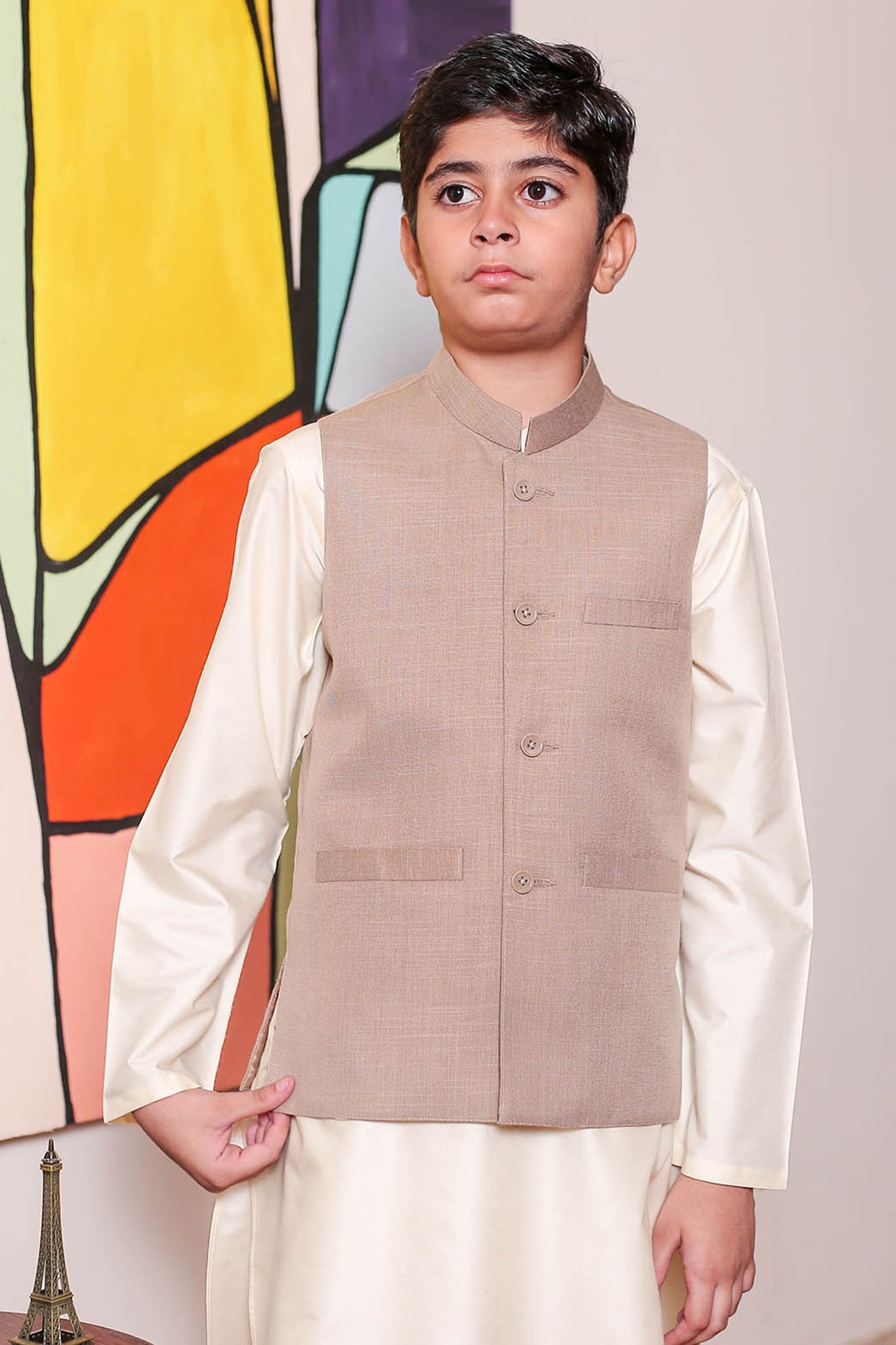 Real Image Kids Waist Coat Collection'2025-OKW-036 Smart Fit Beige