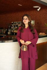 Zouj Stitched 2 Piece Solids Summer Co Ords Suit-Maroon