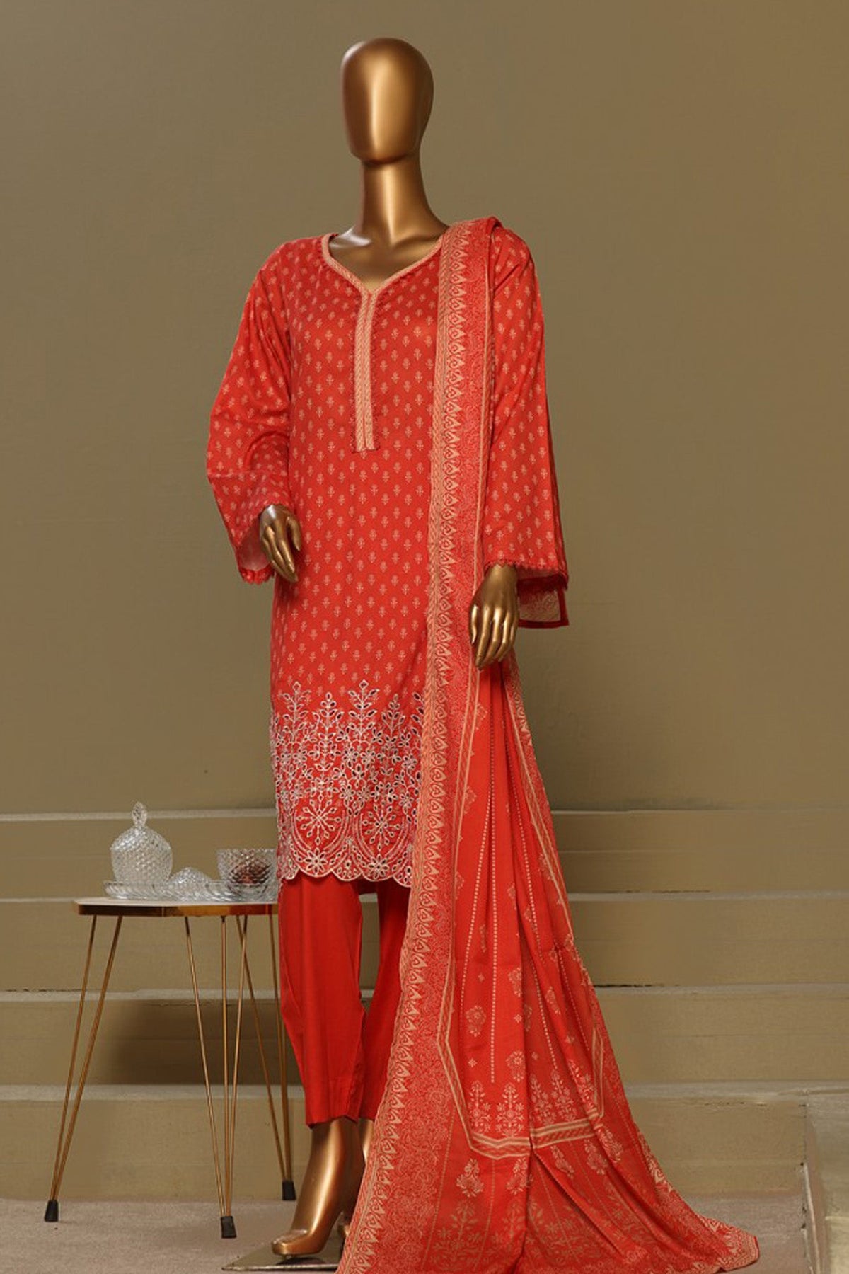 Bin Saeed Stitched 3 Piece Exclusive Chikankari Cotton Vol-01 Collection'2024-WC-1122-Red