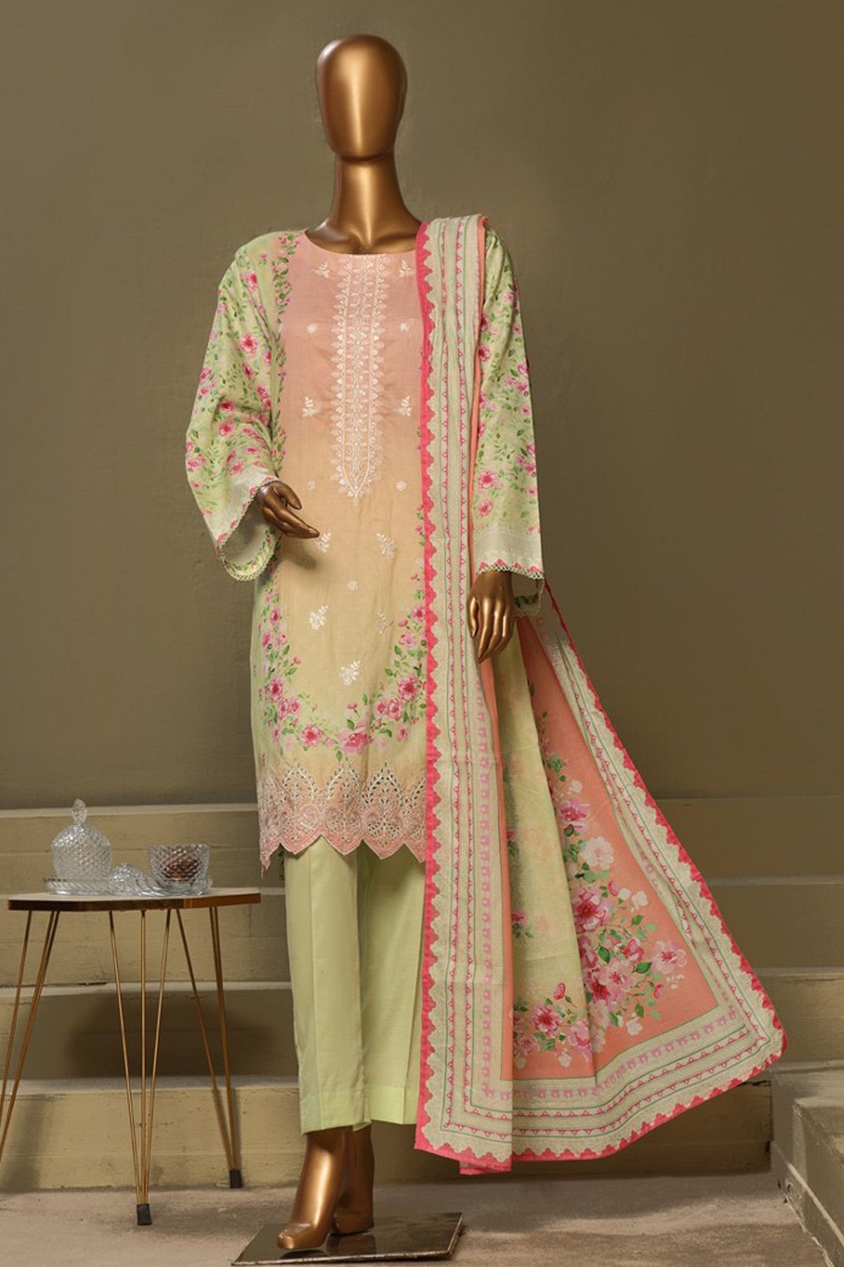 Bin Saeed Stitched 3 Piece Exclusive Chikankari Cotton Vol-01 Collection'2024-WC-1128-Pista