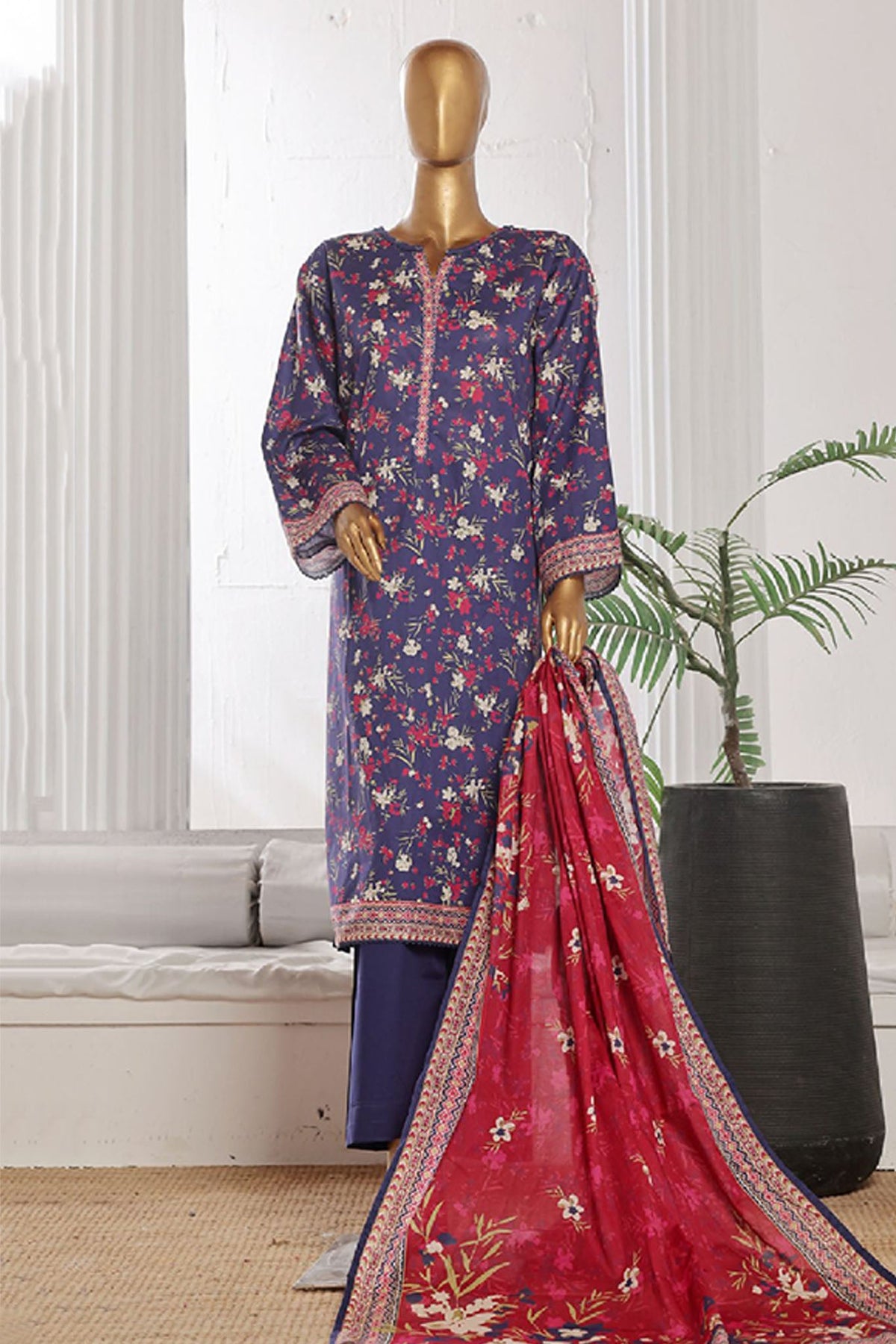 Bin Saeed Stitched 3 Piece Exclusive Printed Cotton Collection'2024-WC-1301-Blue