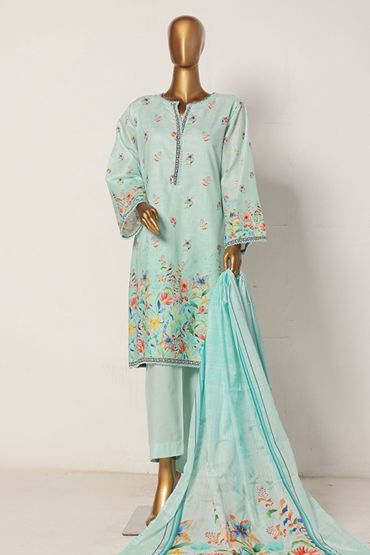 Bin Saeed Stitched 3 Piece Exclusive Printed Cotton Collection'2024-WC-1306-Ferozi