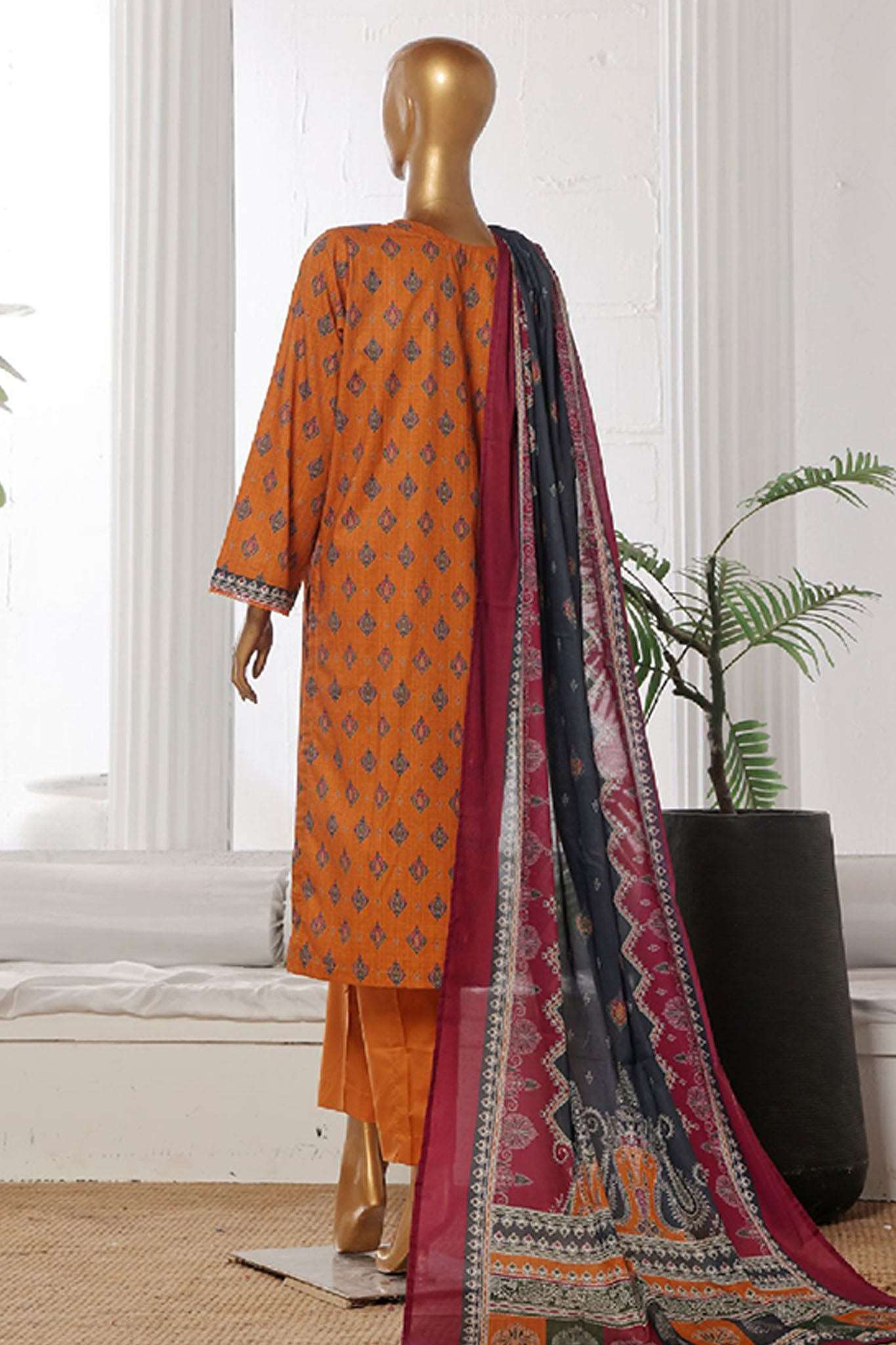 Bin Saeed Stitched 3 Piece Exclusive Printed Cotton Collection'2024-WC-1310-Rust