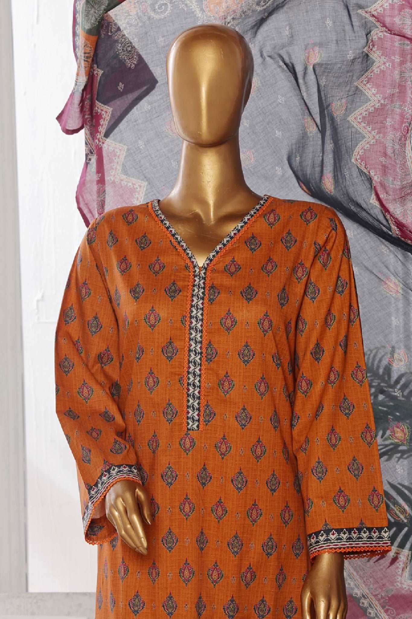 Bin Saeed Stitched 3 Piece Exclusive Printed Cotton Collection'2024-WC-1310-Rust