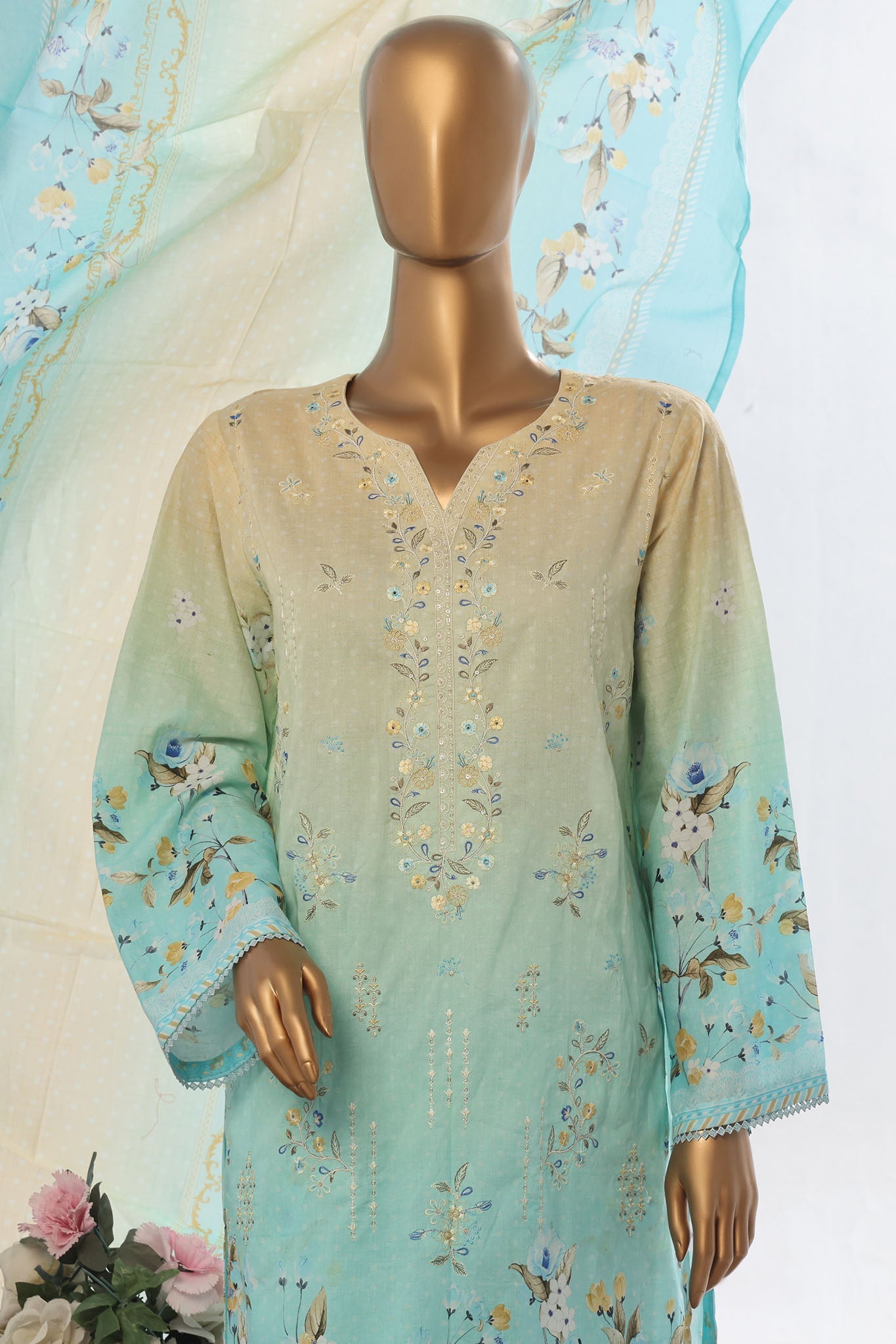 Bin Saeed Stitched 3 Piece Exclusive Emb Lawn Vol-02 Collection-WC-1566-Ferozi