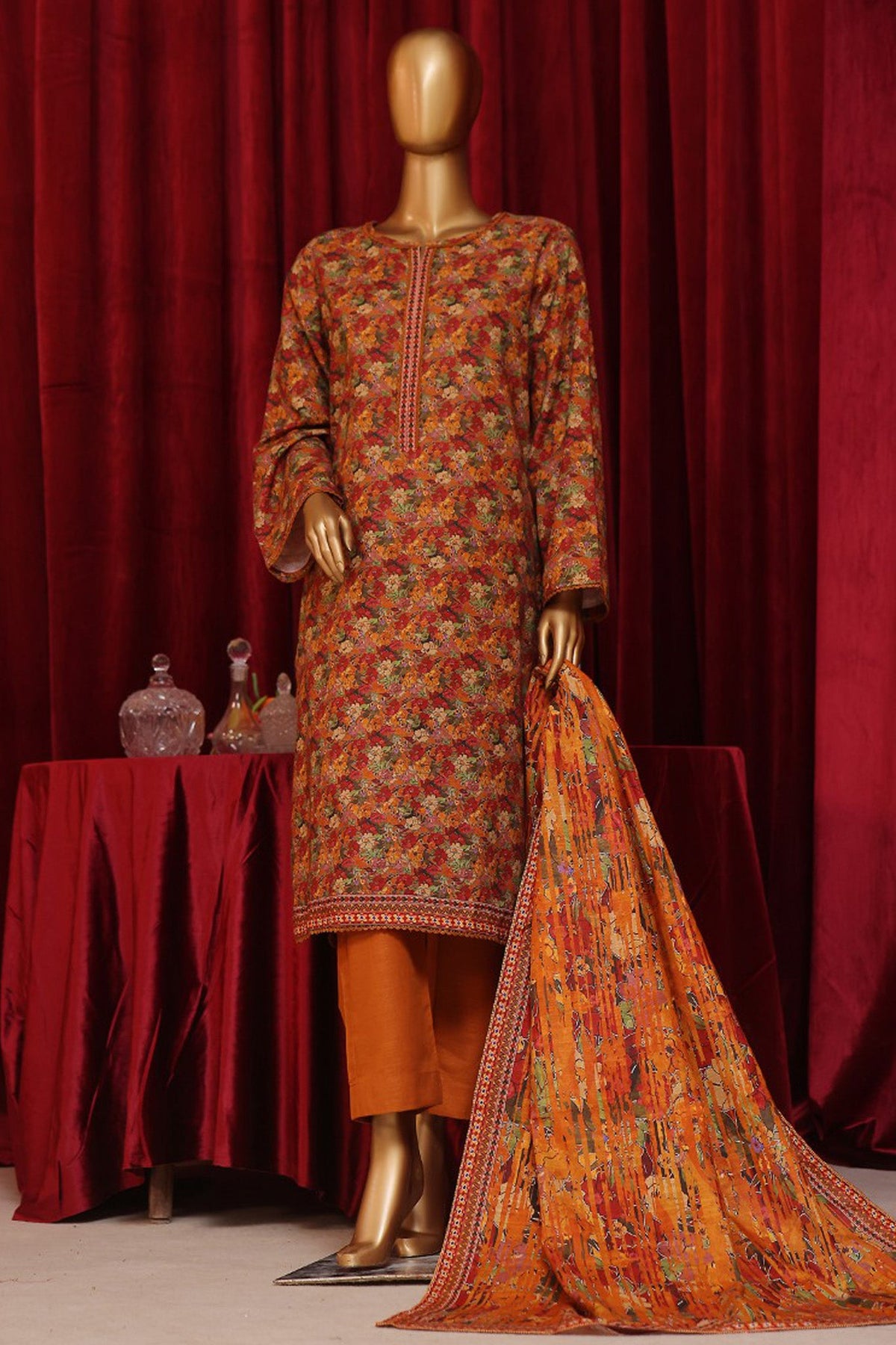 Bin Saeed Stitched 3 Piece Exclusive Printed Khaddar Vol-07 Collection'2024-WK-1152-Rust