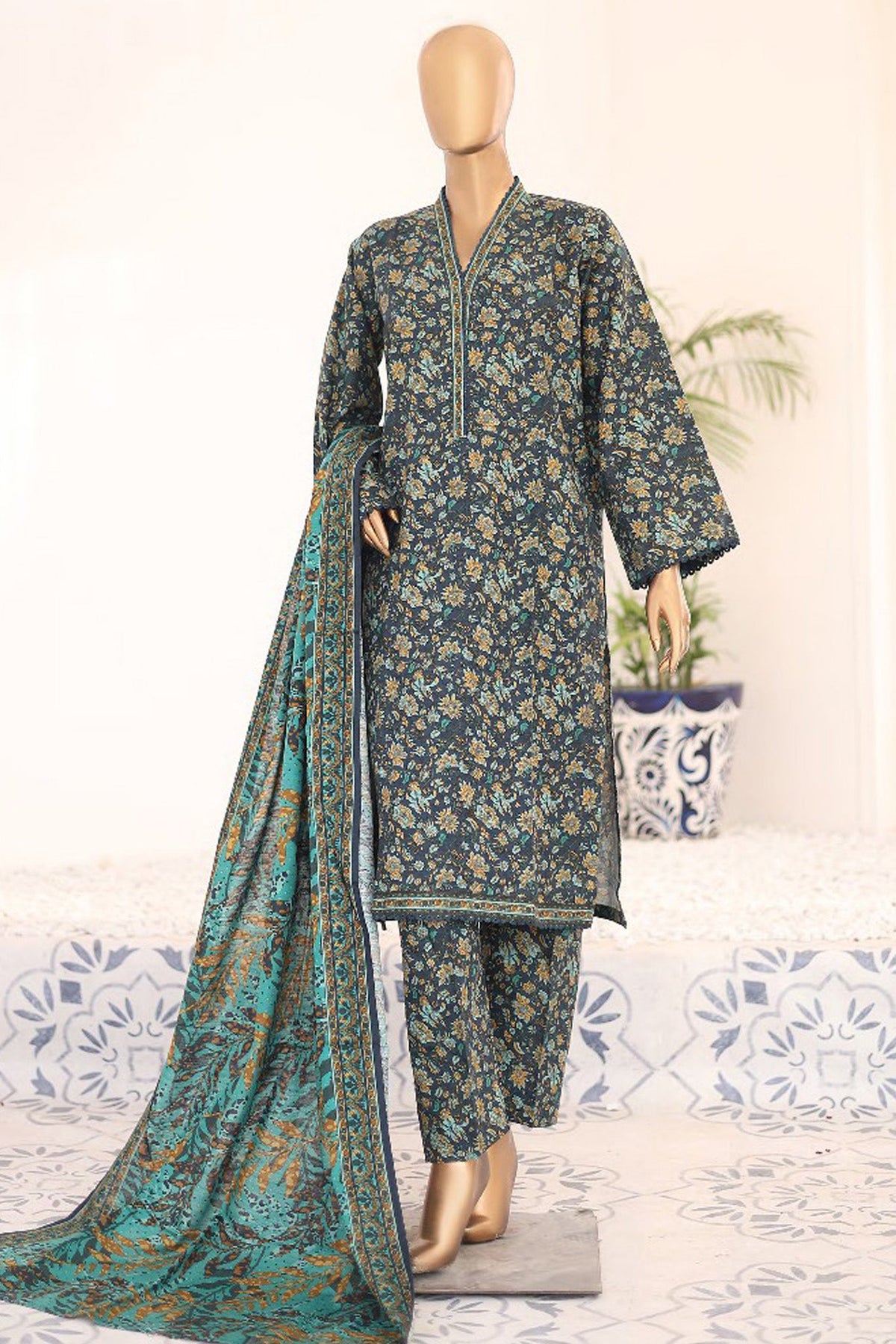 Bin Saeed Stitched 3 Piece Exclusive Printed Khaddar Vol-09 Collection'2024-WK-1217-Teal