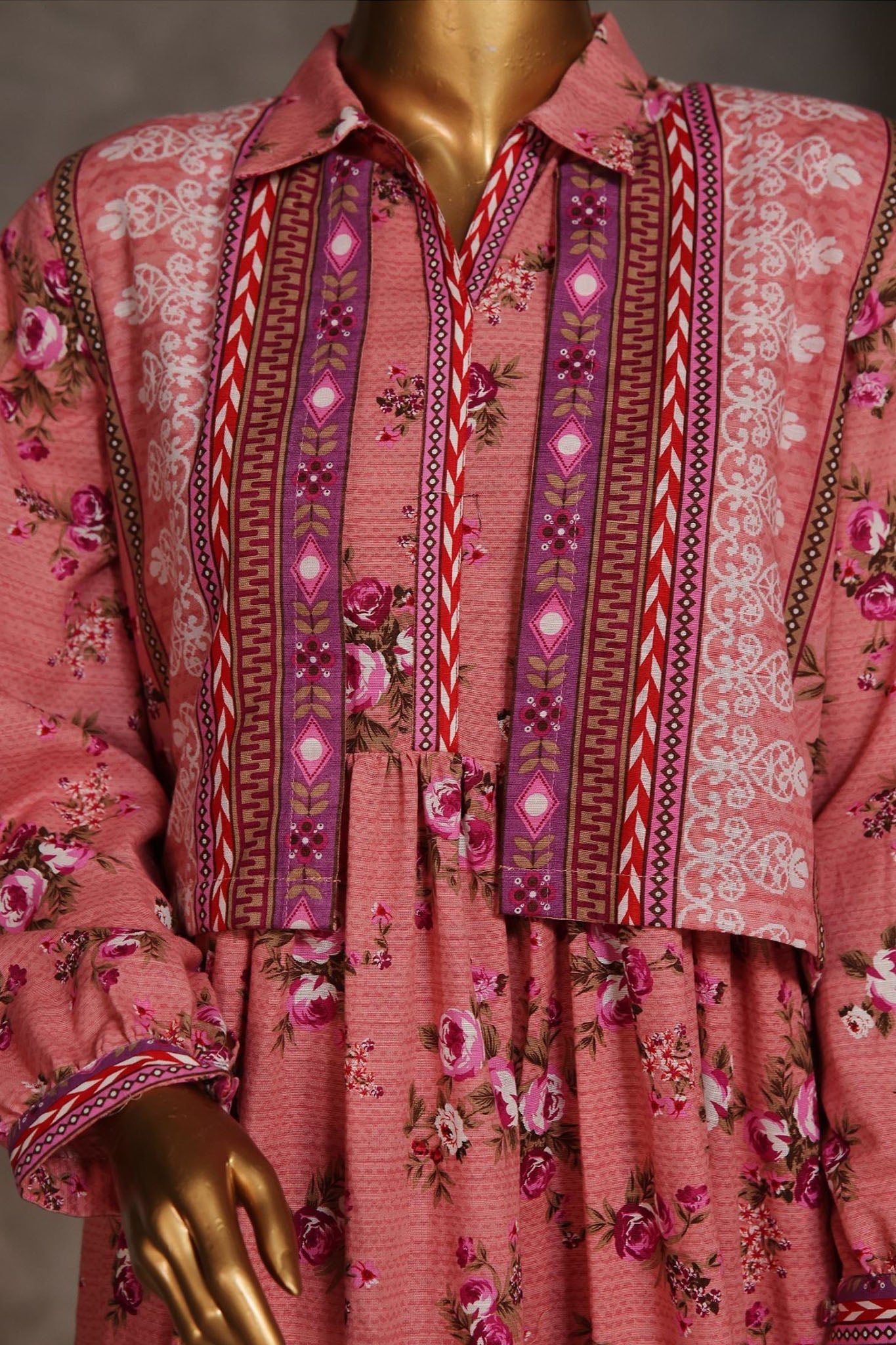 Bin Saeed Stitched 3 Piece Pret Khaddar Frock Collection'2024-WKST-1313-Pink