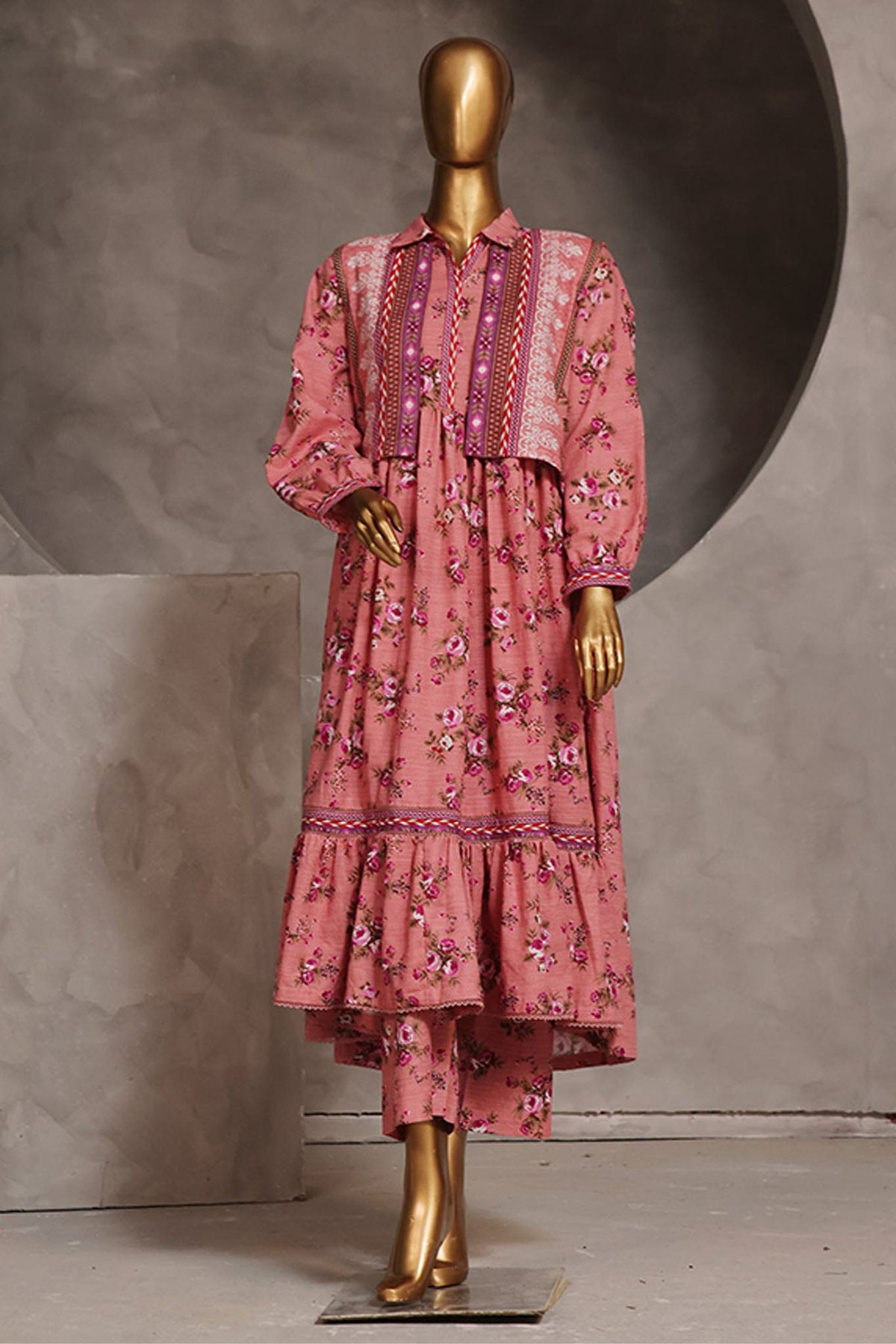Bin Saeed Stitched 3 Piece Pret Khaddar Frock Collection'2024-WKST-1313-Pink