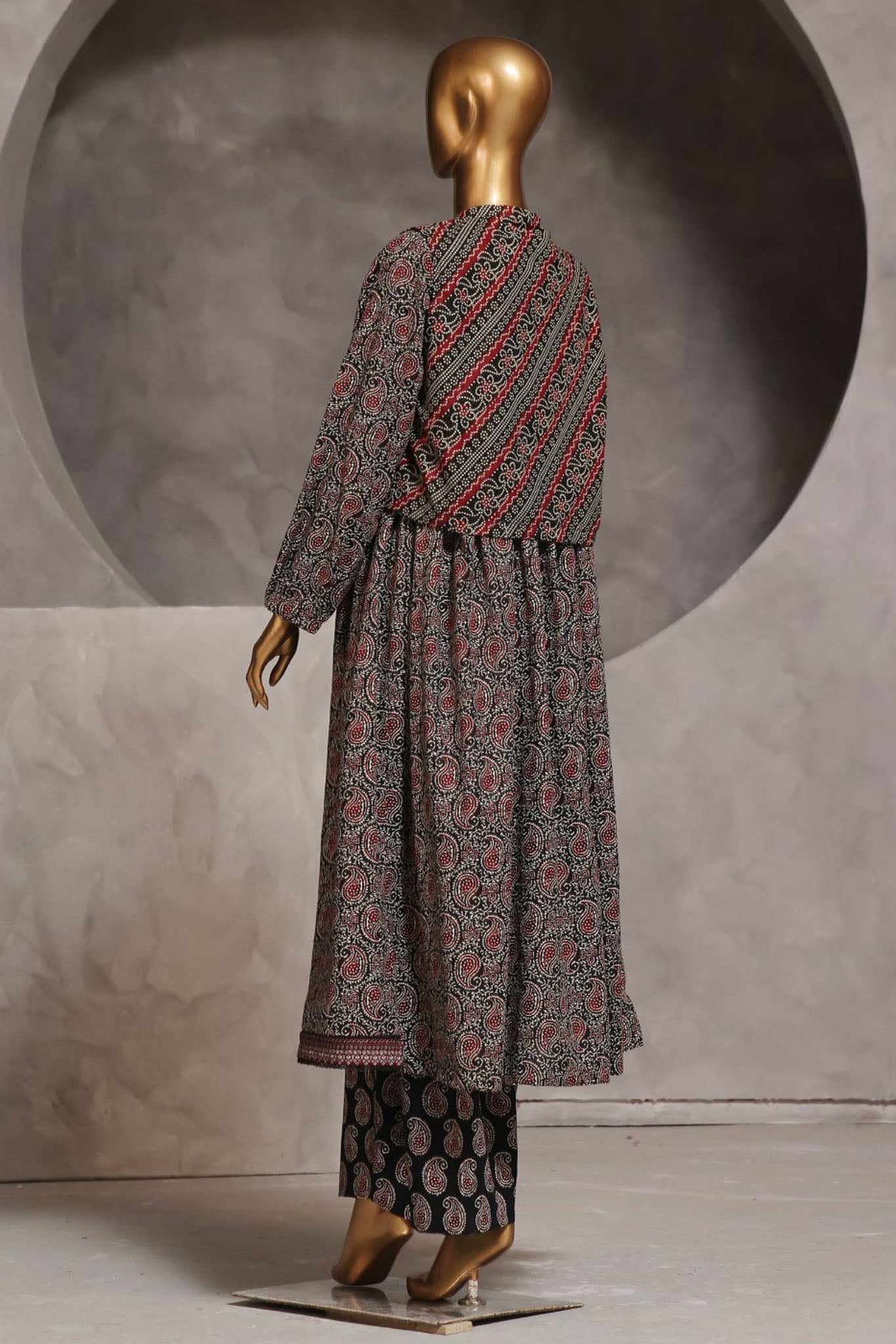 Bin Saeed Stitched 3 Piece Pret Khaddar Frock Collection'2024-WKST-1315-Black