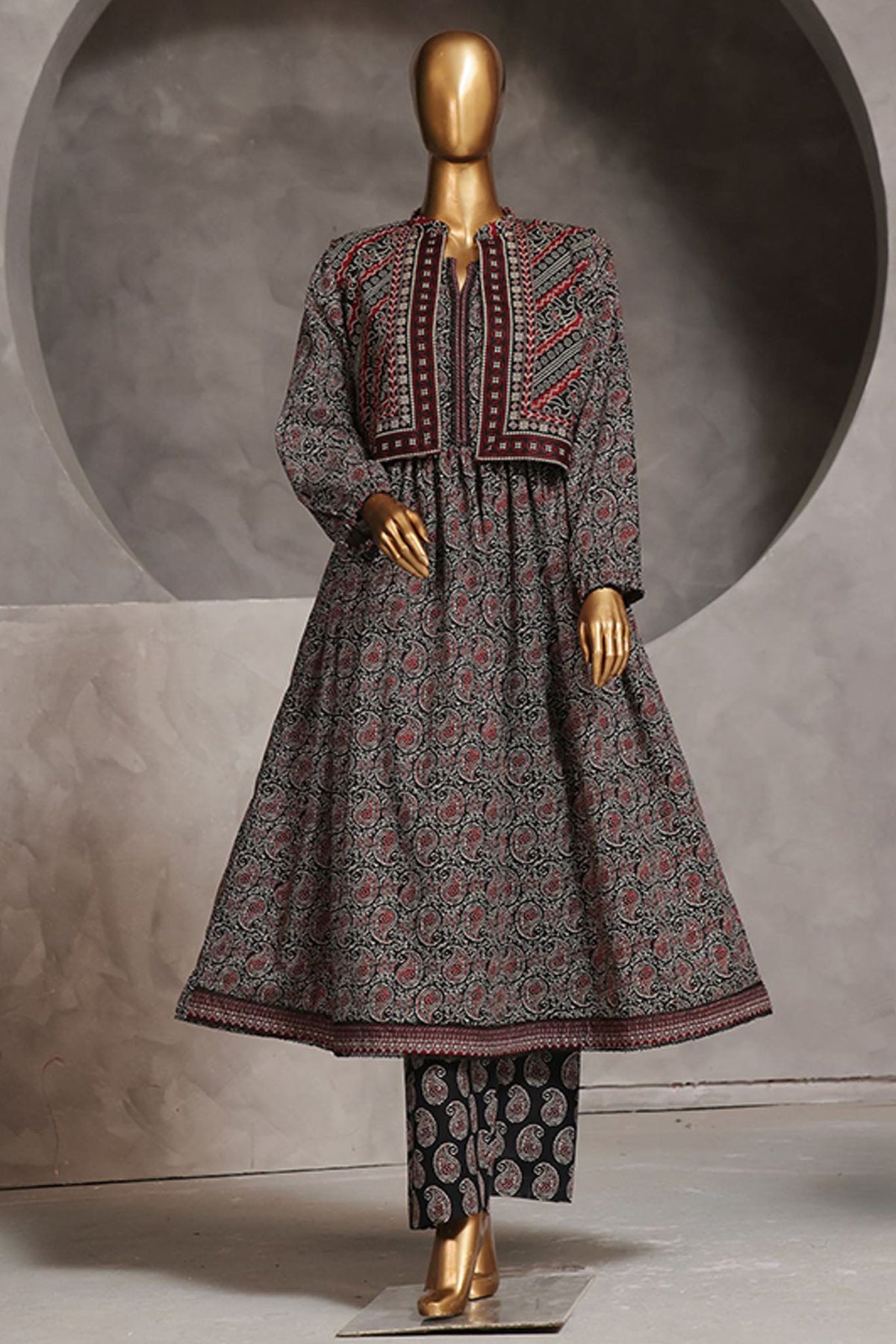 Bin Saeed Stitched 3 Piece Pret Khaddar Frock Collection'2024-WKST-1315-Black