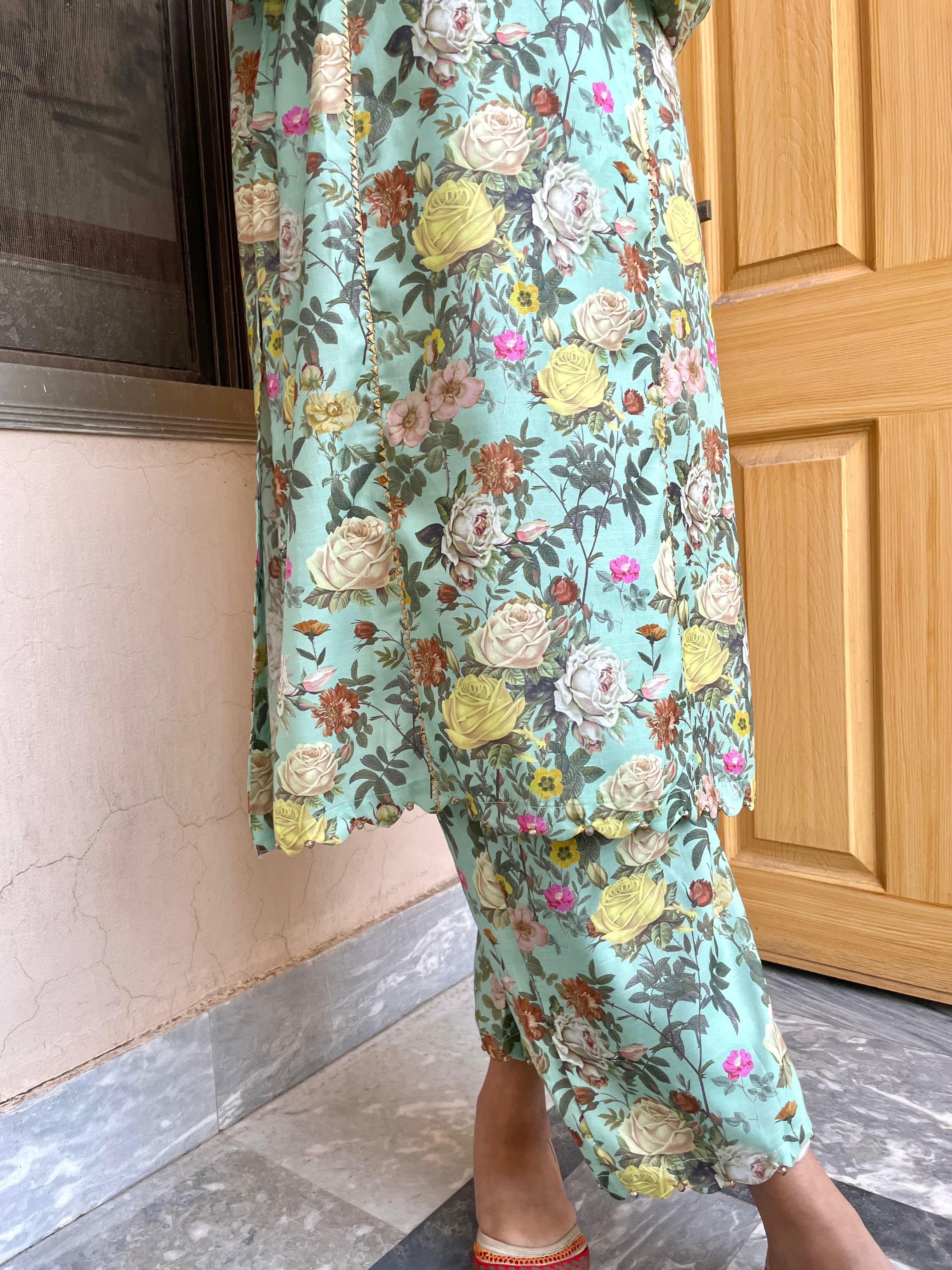 Urban Cut 2 Piece Embroidred Cotton/Viscose  Printed  Suit