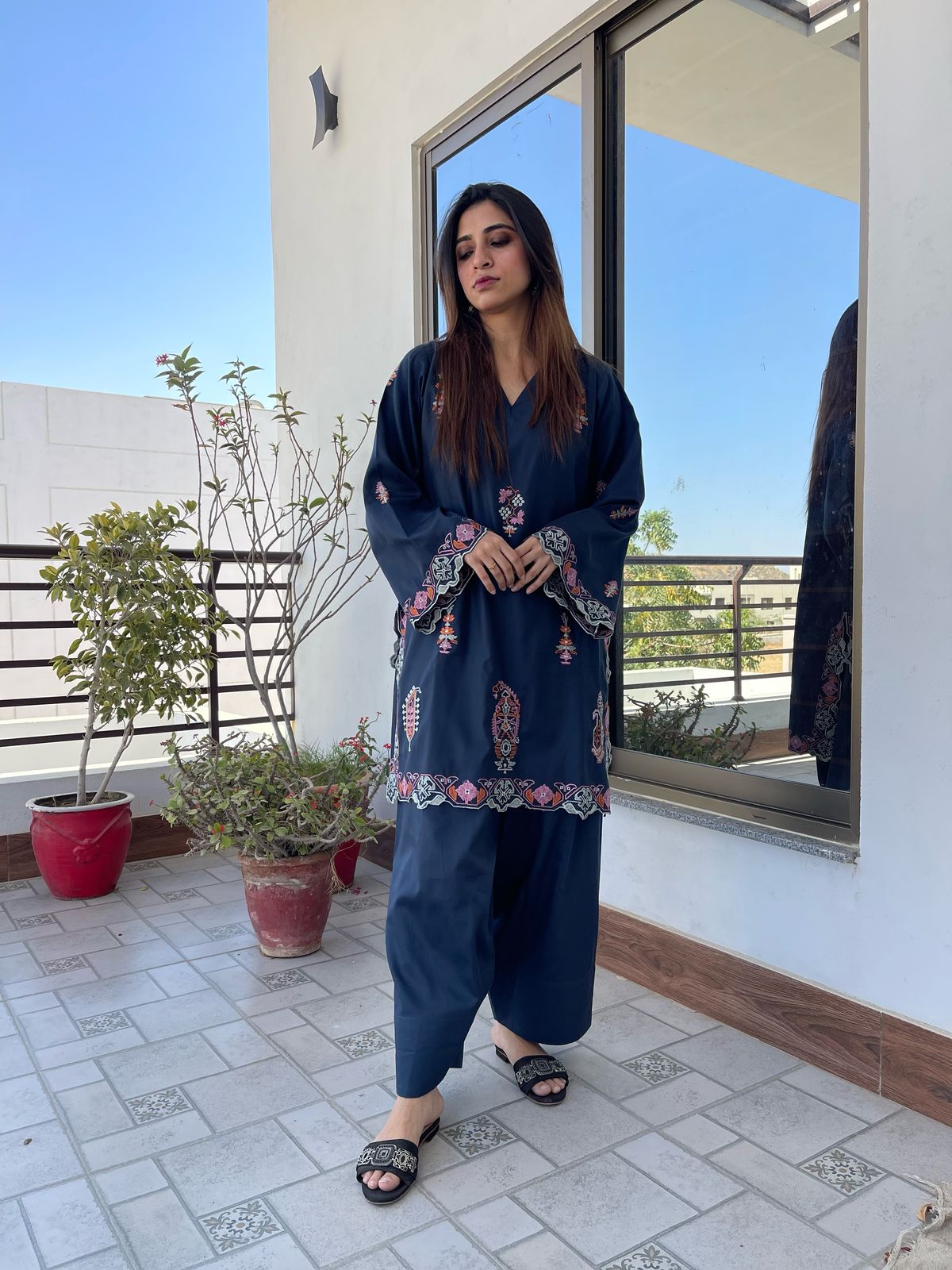 Urban Cut 2 Piece Cotton Satin Embroidered Co- Ord Set with Farshi Shalwar