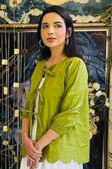 Urban Cut Green Cotton Tie-Up Shirt | Scalloped  Hem-C0235