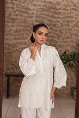 Madiha Gohar Stitched Co Ords Set-Ivory Schiffli