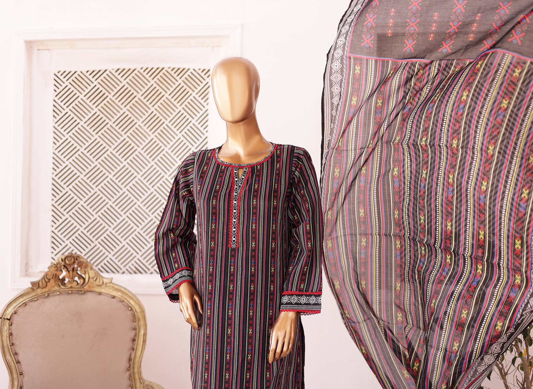 Girl woman  Printed Embroidered Lawn Stitch Shirt Kurti Frock Cotton Dupatta Printed Trouser