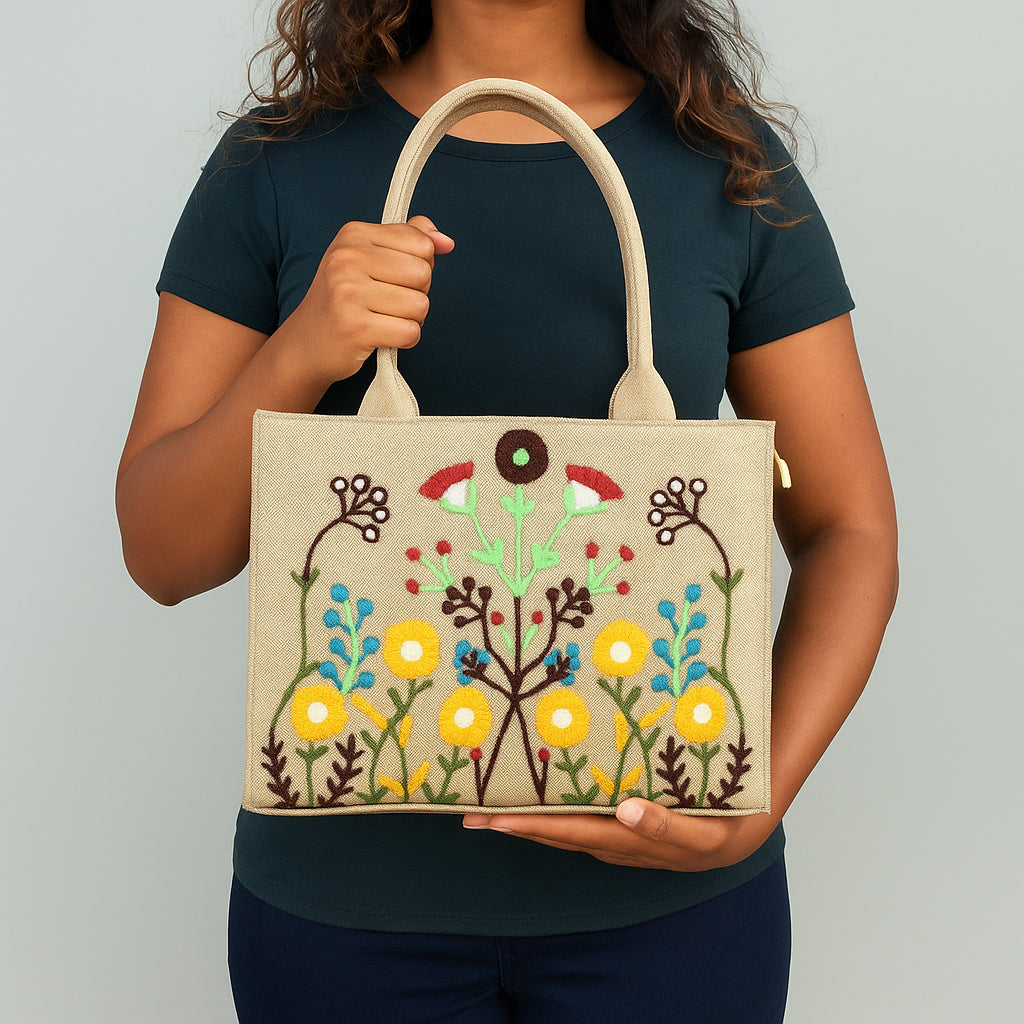 eco friendly embroidered jute tote bag Beige Fineur