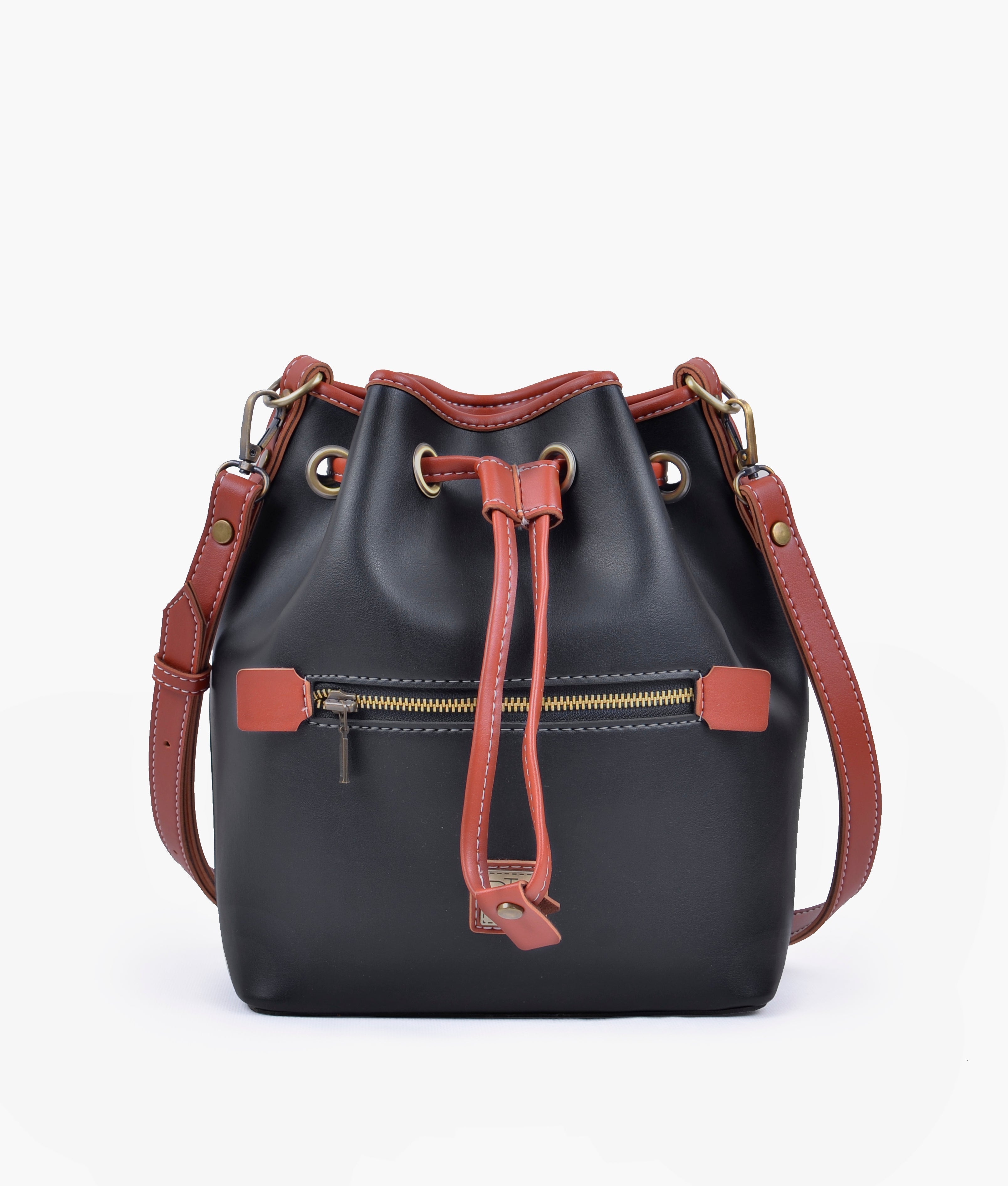 RTW Creation - Black and rust bucket bag with zipper pocket