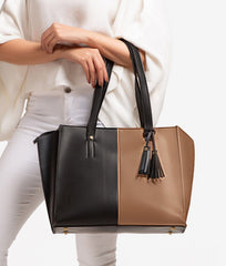 RTW Creation - Tan and black over the shoulder tote bag