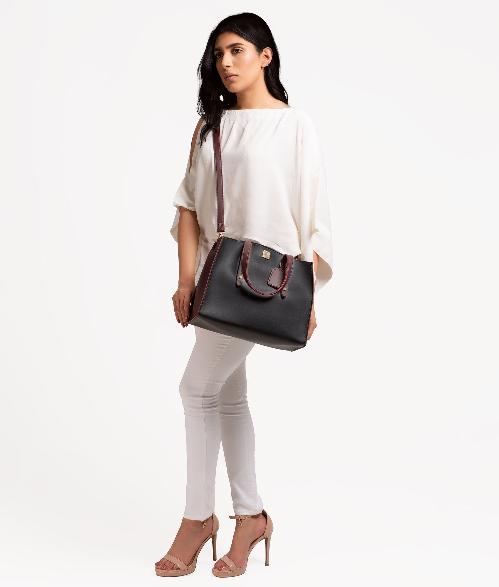 RTW Creation - Black with burgundy multi compartment satchel bag