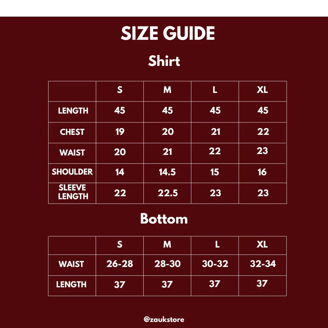 Size guide for shirts and bottoms with measurements on a dark red background.
