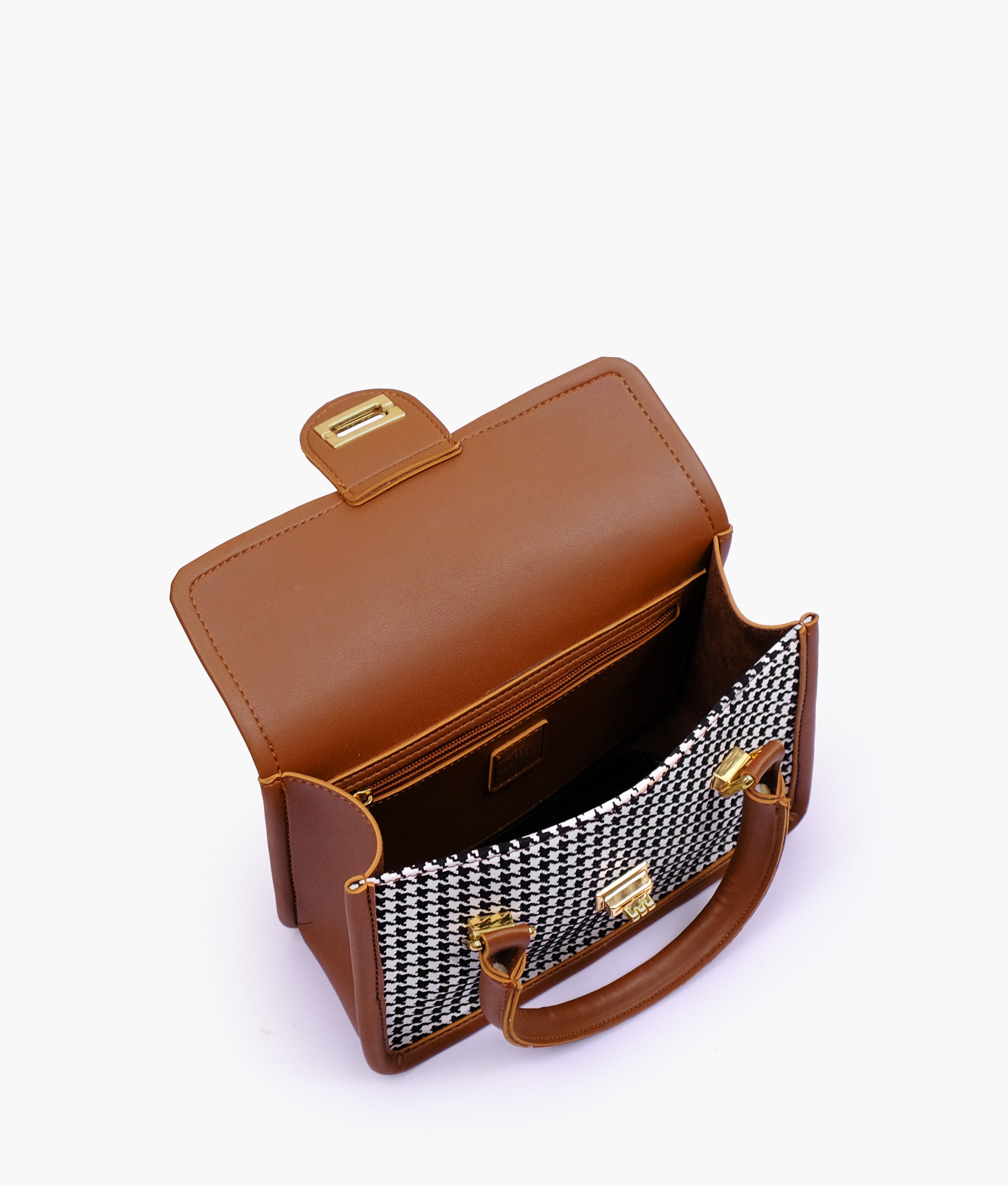 RTW Creation - Brown and white houndstooth cross-body with flap