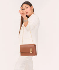 RTW Creation - Brown weaved chain shoulder bag with twist lock