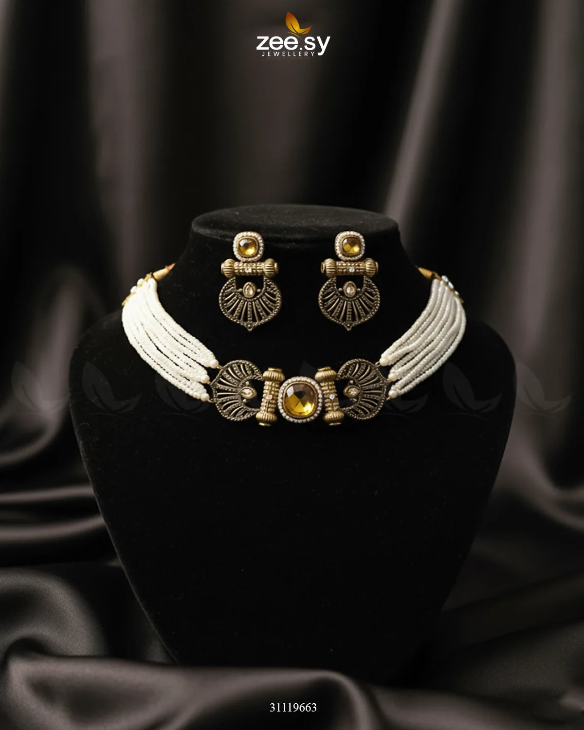 Obelisk Rhodium Polished Choker Set Golden Champagne - Zeesy Jewellery