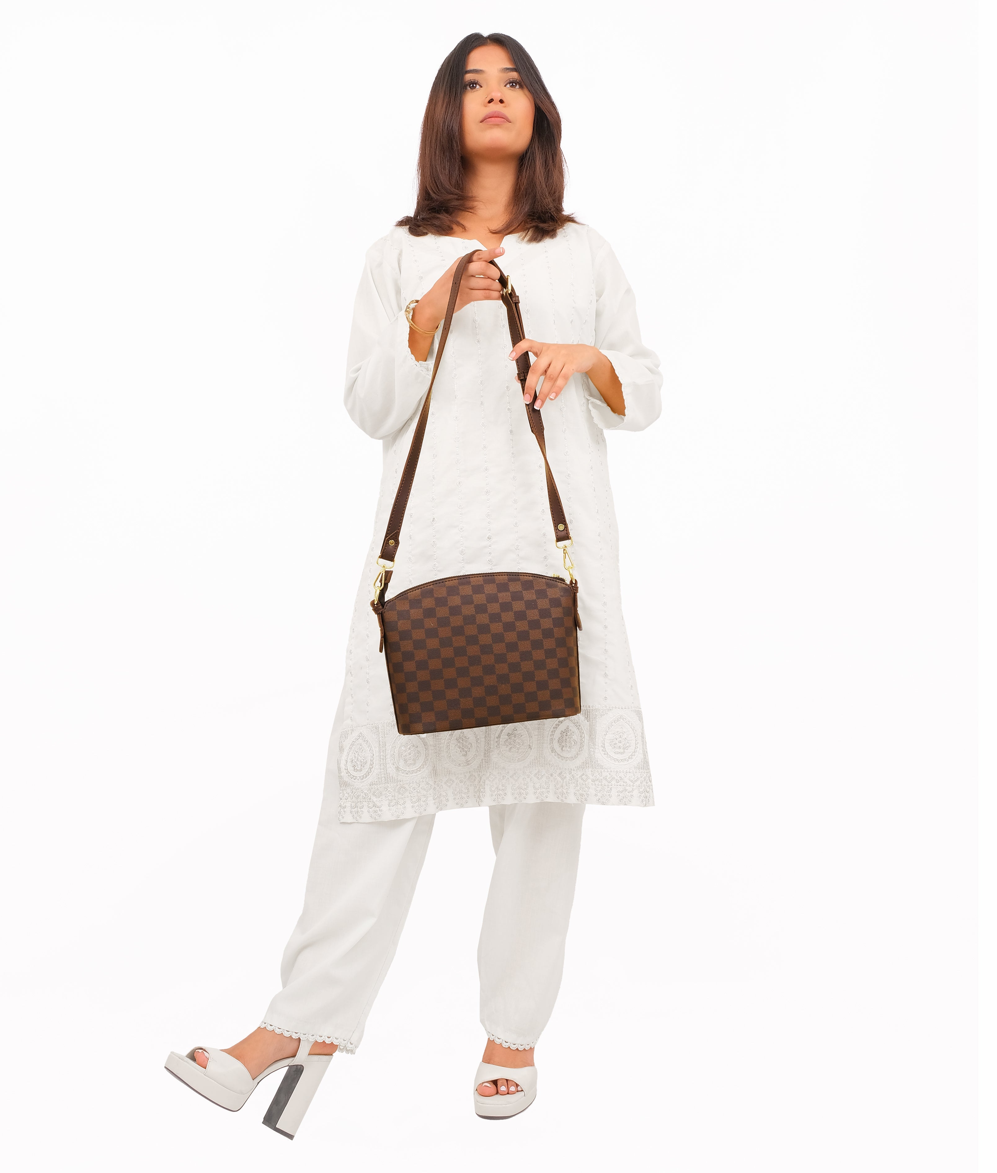 RTW Creation - Dark brown checkered dome cross-body bag