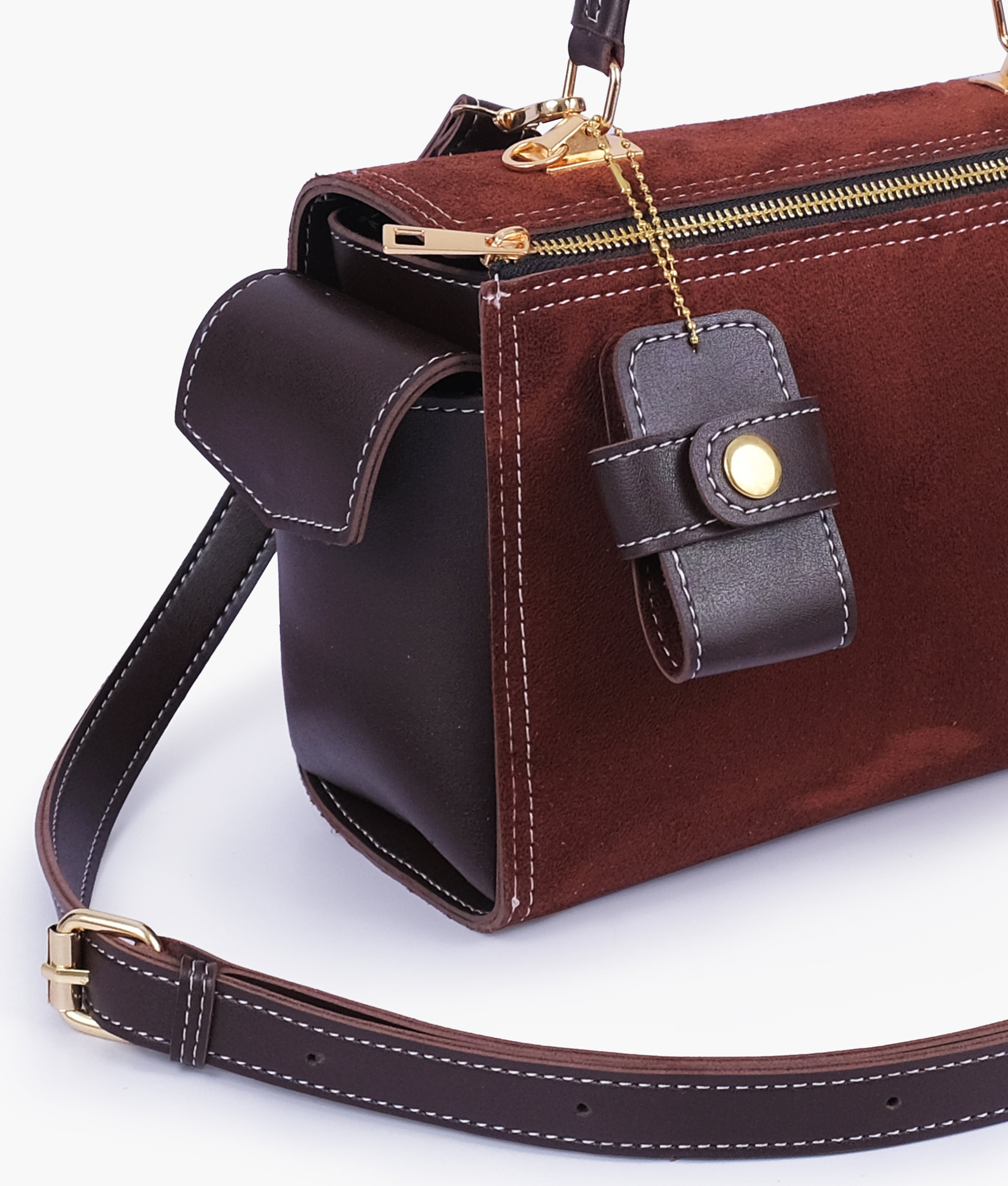 RTW Creation - Dark brown suede bowling bag with top-handle
