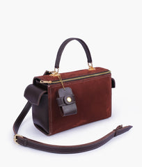 RTW Creation - Dark brown suede bowling bag with top-handle