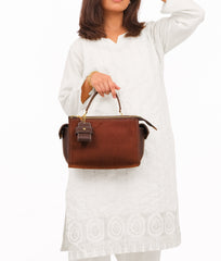 RTW Creation - Dark brown suede bowling bag with top-handle
