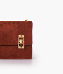 RTW Creation - Dark brown suede chain shoulder bag with twist lock